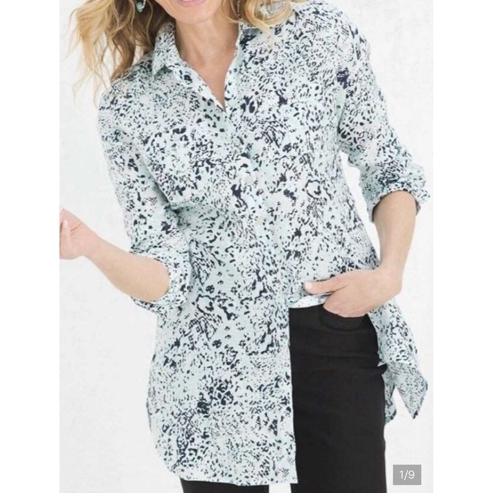 Chico's Leopard Print 100% Linen No Iron Button Down Top Women's Size Small